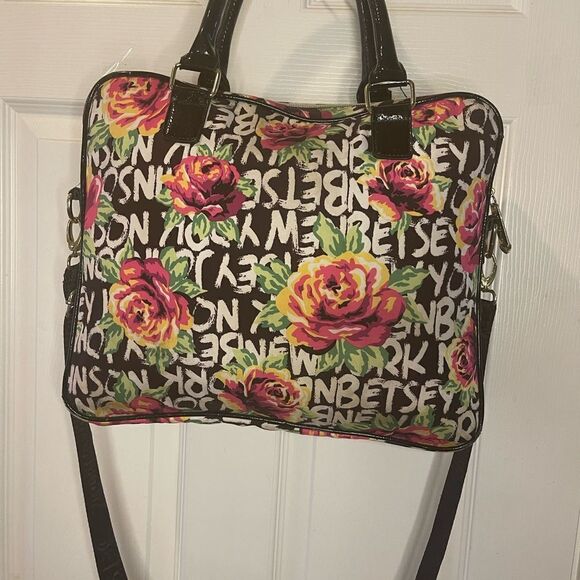 Betsey Johnson Nylon colorful large laptop shoulder bag black patent trim &strap - Picture 6 of 14